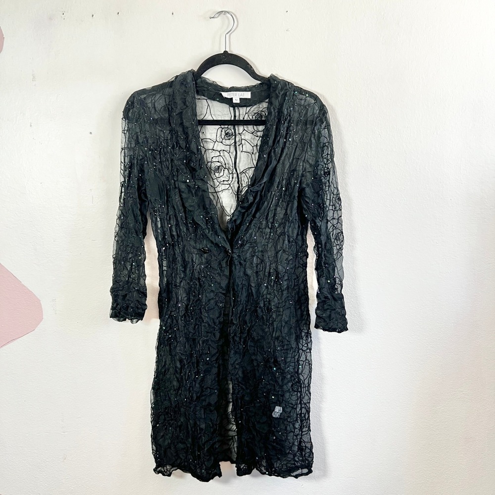 Vintage 90s Black Sheer‎ Duster Cardigan Sz M 100% Silk Sequin Festival Fairy